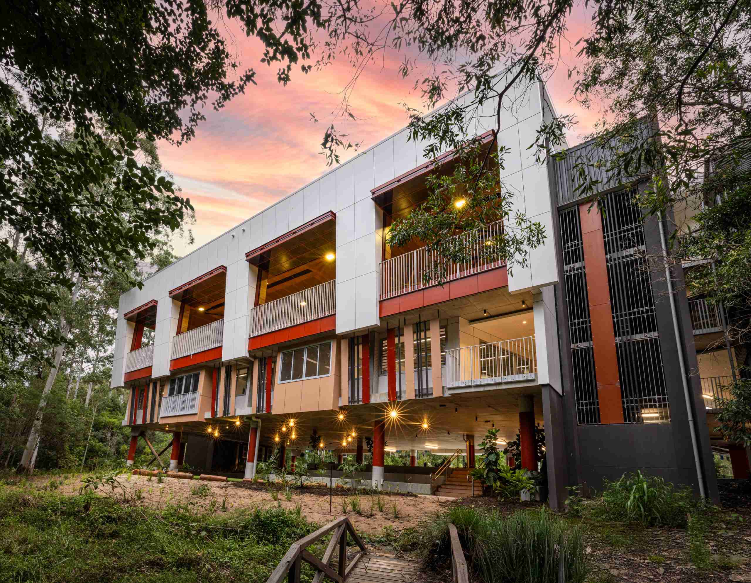 Campus exterior at dusk